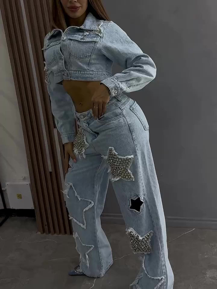 Women's Denim Jacket & Jeans Set – Star Print Two-Piece Outfit