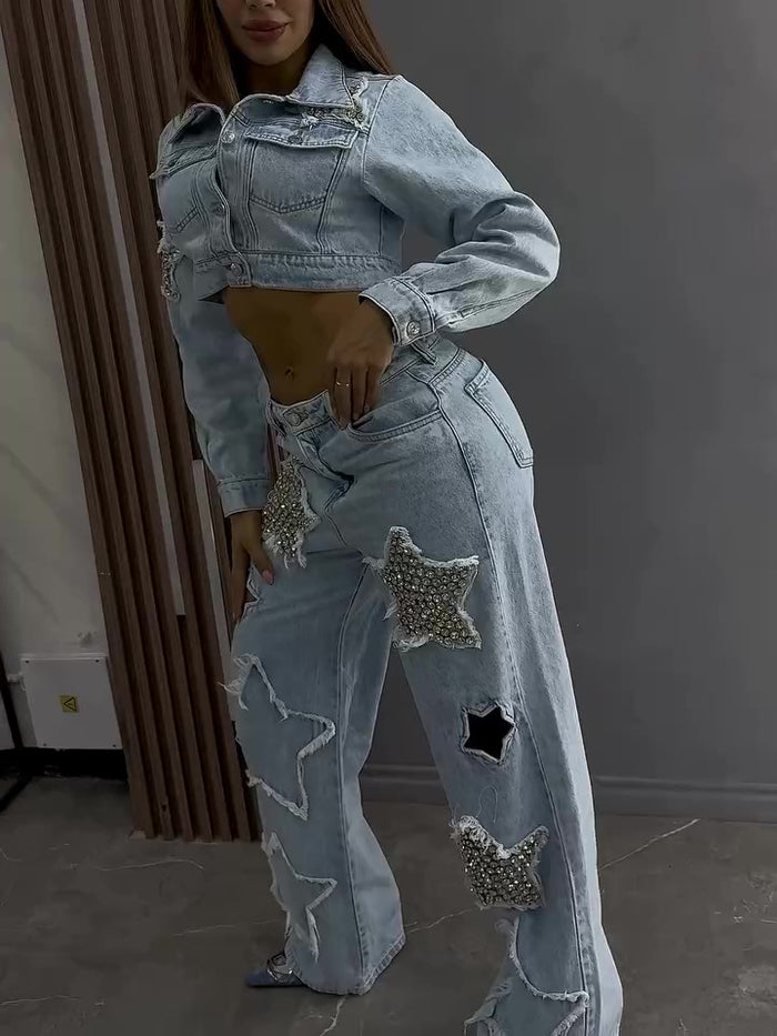 Women's Denim Jacket & Jeans Set – Star Print Two-Piece Outfit