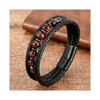 Men's Magnetic Tigereye Bead Bracelet - Stainless Steel & Leather Wellness Jewelry