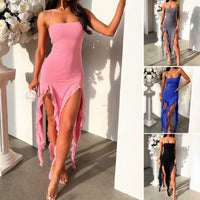 Graceful Summer Suspender Dress: Modest Split Ruffle Design with Elegant Comfort
