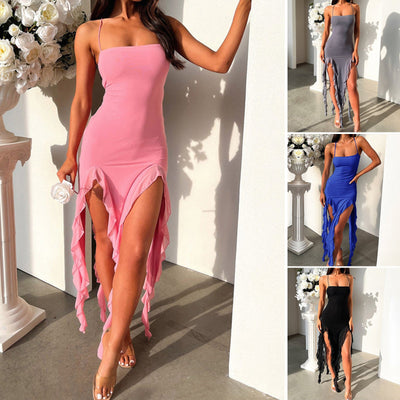 Graceful Summer Suspender Dress: Modest Split Ruffle Design with Elegant Comfort