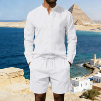 Men's Linen Summer Shirt & Shorts Set - Breathable Vintage Stand Collar Beach Suit - Lightweight & Comfortable