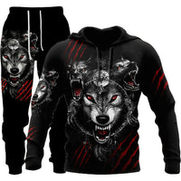 Bold 3D Wolf Print Tracksuit - Men's Hooded Jogging Set for Fitness & Streetwear