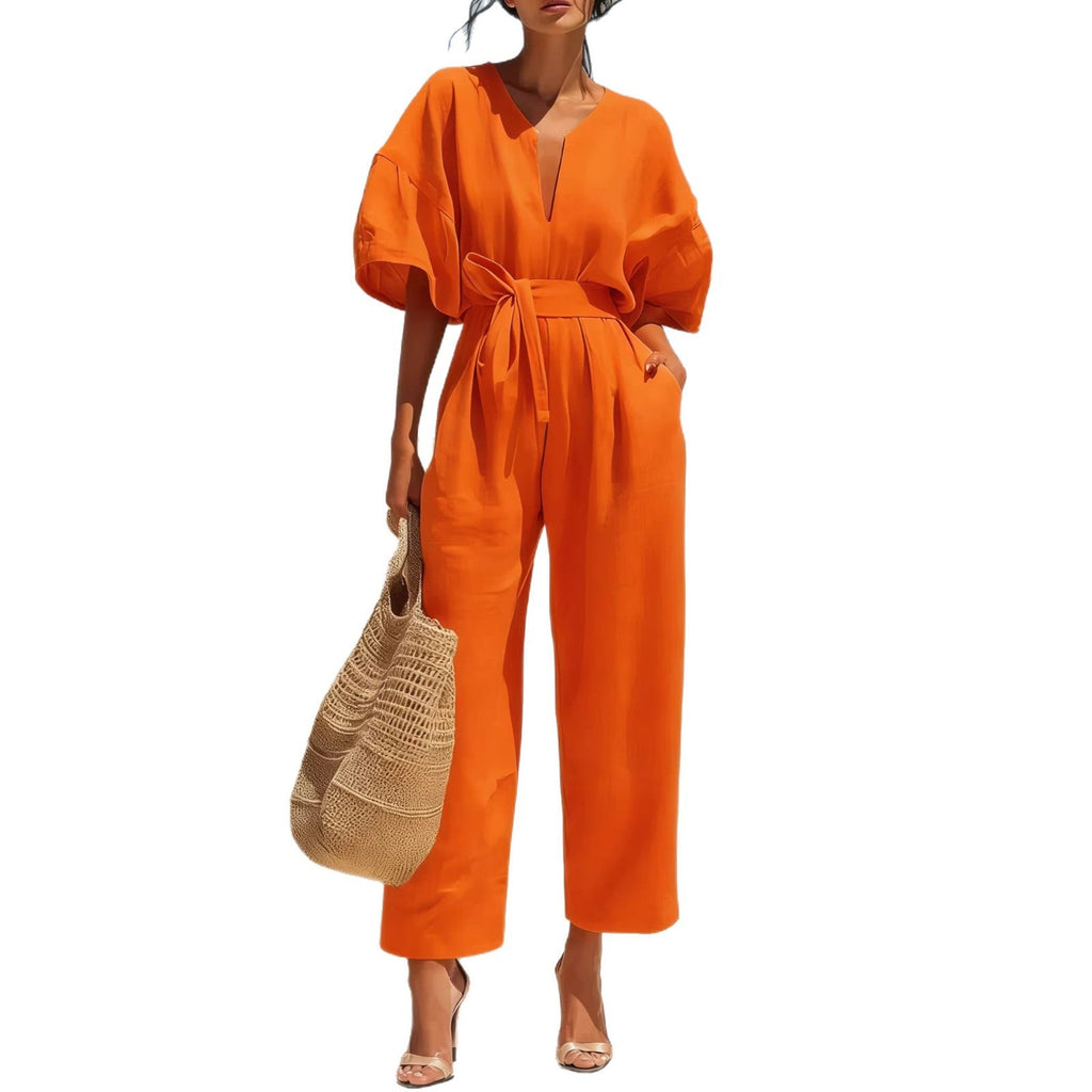 Fashionable V-Neck Solid Color Cotton-Linen Jumpsuit For Women What Else You Got?