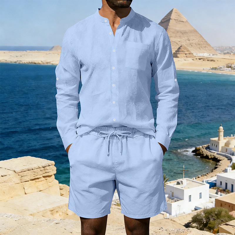 Mens Casual Linen Shirt And Shorts Set Summer Vintage Stand Collar Shirts Men Comfortable Breathable Beach Suits What Else You Got?