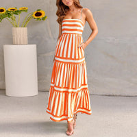 Graceful Striped Beach Dress with Chic Suspenders & Pockets – Summer Vacation Essential for Women