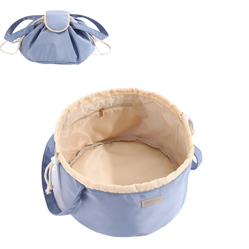 Women’s Barrel Drawstring Makeup Bag – Large‑Capacity Travel Cosmetic Organizer Pouch (Pink & Sky Blue) What Else You Got?