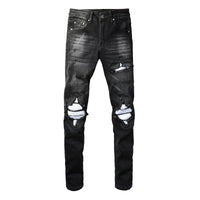 Men's Classic Black Ripped Jeans - Vintage Stretch Denim, Mid-Rise Straight Fit (Black)