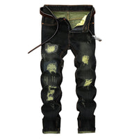 Men’s Retro Ripped Straight Jeans – Mid-Waist Cotton Denim 28–42
