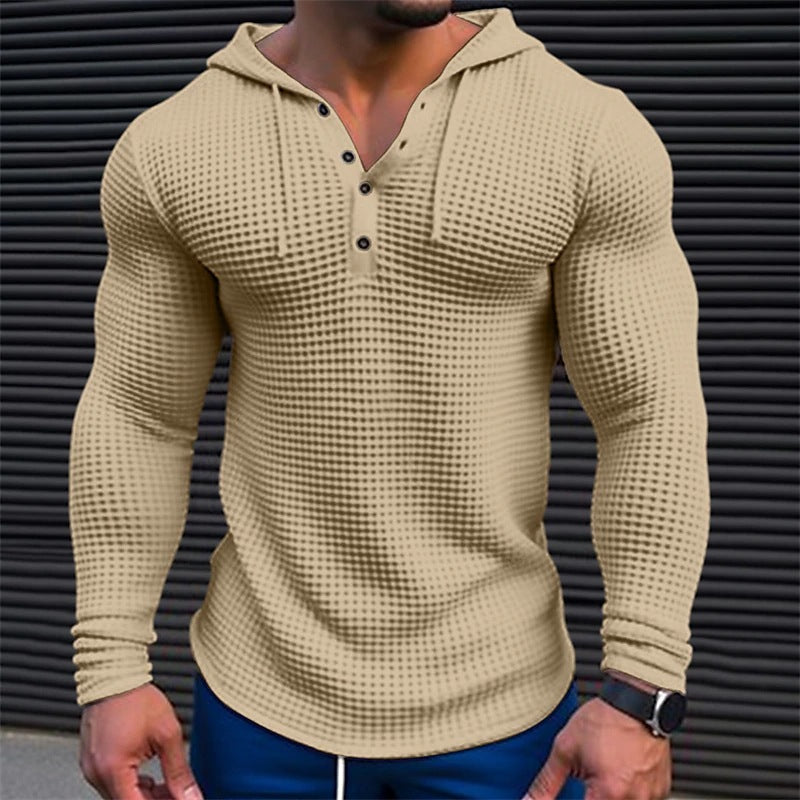 Men’s Waffle‑Knit Pullover Long Sleeve T‑Shirt – Slim Casual Solid Color Hooded Streetwear What Else You Got?
