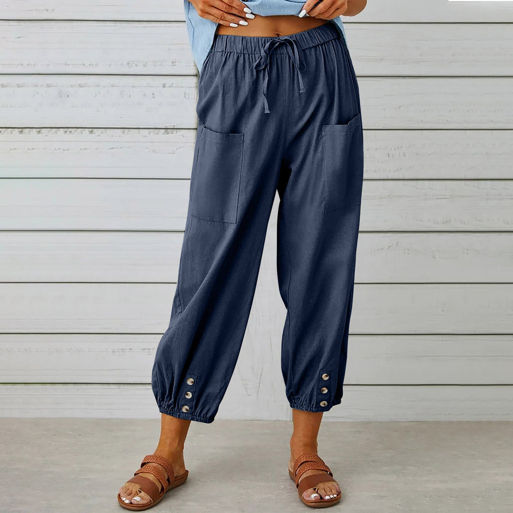 Women Drawstring Tie Pants Spring Summer Cotton And Linen Trousers With Pockets Button What Else You Got?