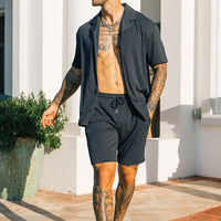 Men's Summer Beach Suit - Lightweight 2-Piece Lapel Shirt & Shorts Set in Cotton Blend