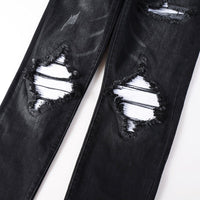 Men's Classic Black Ripped Jeans - Vintage Stretch Denim, Mid-Rise Straight Fit (Black)