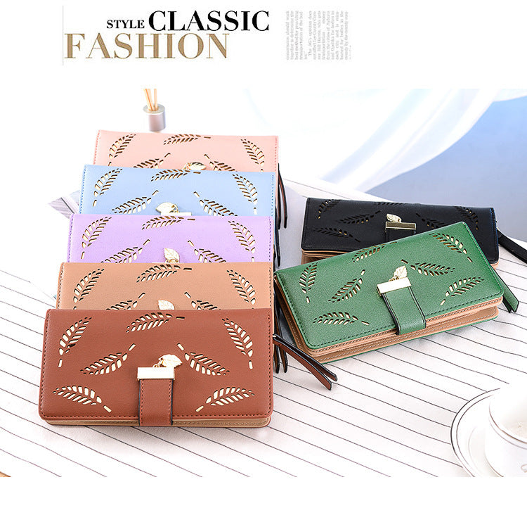 Leaf Hollow-Out Long Wallet Clutch – Wristlet Handbag with Card Slots for Women