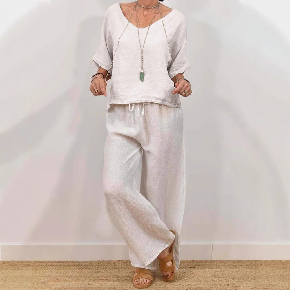Womens Multi-Color Two-Piece Set Casual V-Neck Pullover With Three-Quarter Sleeves And Extended Pants What Else You Got?