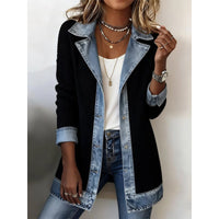 Chic Denim Patchwork Jacket - Trendy Commuter Lapel Button-Down Long-Sleeve Top for Women
