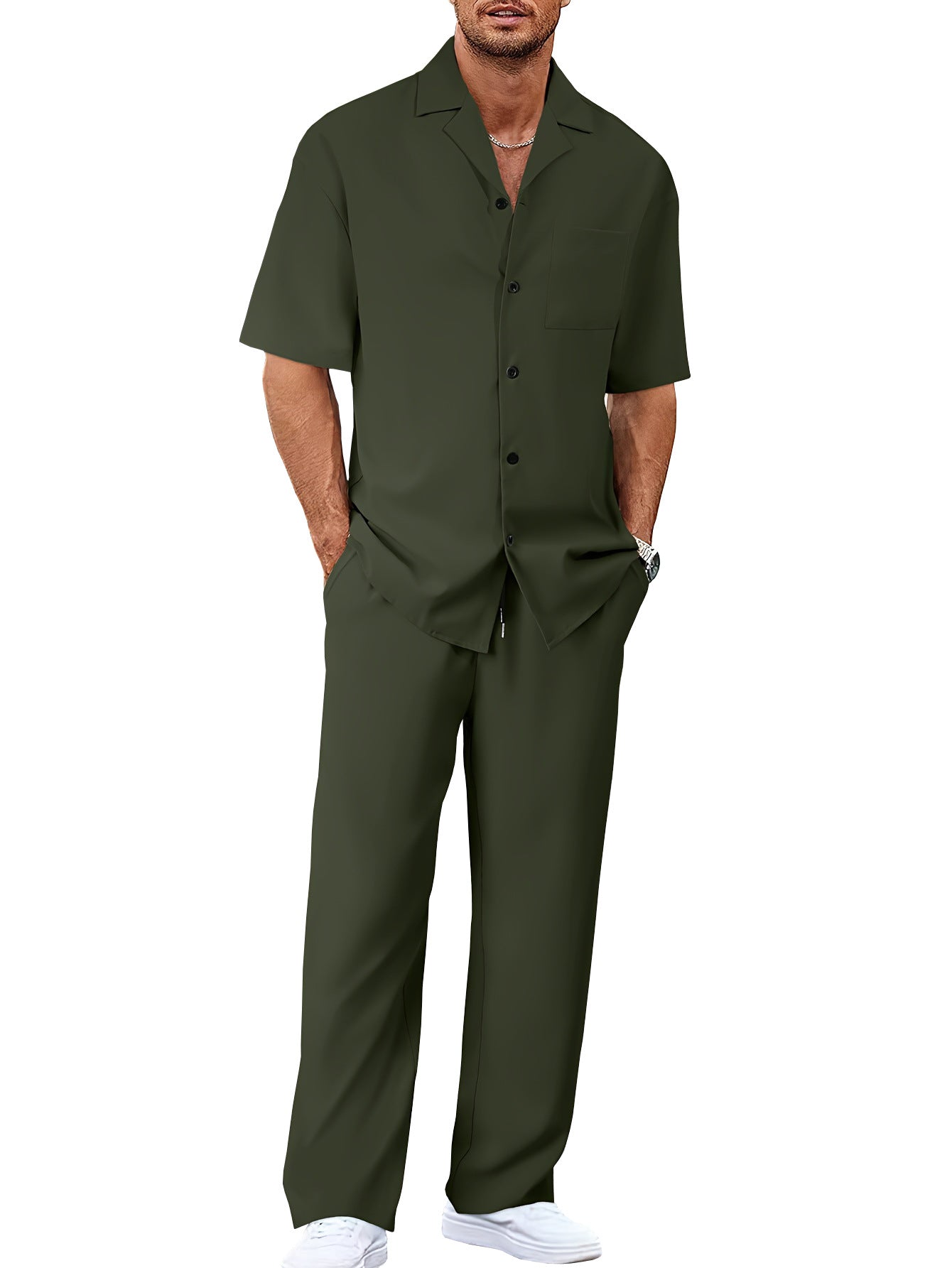 Men's Trousers Suit Fashion Lapel Button Short Sleeve Shirt And Pocket Straight Pants Clothing What Else You Got?