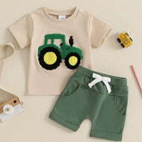 Cute & Comfortable Toddler Boys Summer Outfit with Truck Embroidery - Round Neck Tee & Shorts Set