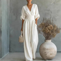 Elegant Waist-Cinching V-Neck Jumpsuit for Women - Modest & Stylish | Christian Fashion