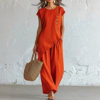 Elegant Women's Two-Piece Crewneck Button-Up & Wide-Leg Pants Set – Casual Chic Outfit