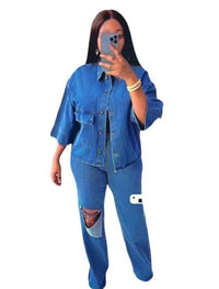 Stylish Two-Piece Denim Set with Personality Shirt - Trendy & Comfortable