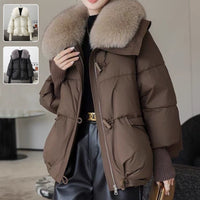 Women's Short Fur Collar Puffer Jacket - Warm Winter Coat with Faux Fur Trim