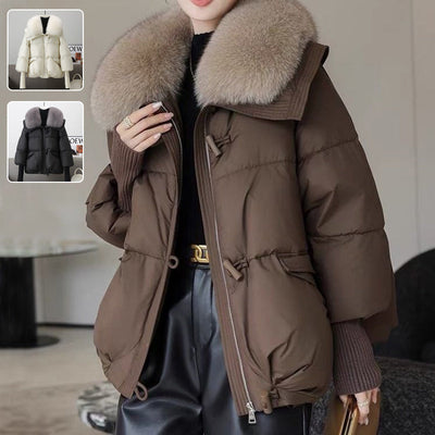 Women's Short Fur Collar Puffer Jacket - Warm Winter Coat with Faux Fur Trim