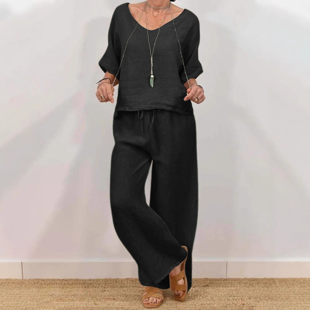 Womens Multi-Color Two-Piece Set Casual V-Neck Pullover With Three-Quarter Sleeves And Extended Pants What Else You Got?