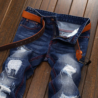 Men’s Retro Ripped Straight Jeans – Mid-Waist Cotton Denim 28–42