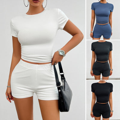 Elegant Christian Activewear: 2-Piece Slim Sports Suit with Round Neck Tee & Elastic Shorts for Summer Workouts