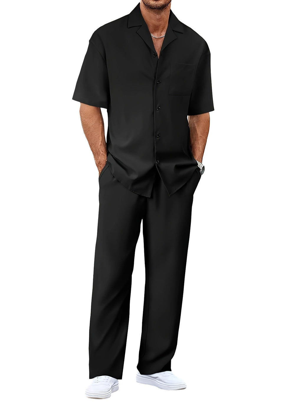 Men's Trousers Suit Fashion Lapel Button Short Sleeve Shirt And Pocket Straight Pants Clothing What Else You Got?