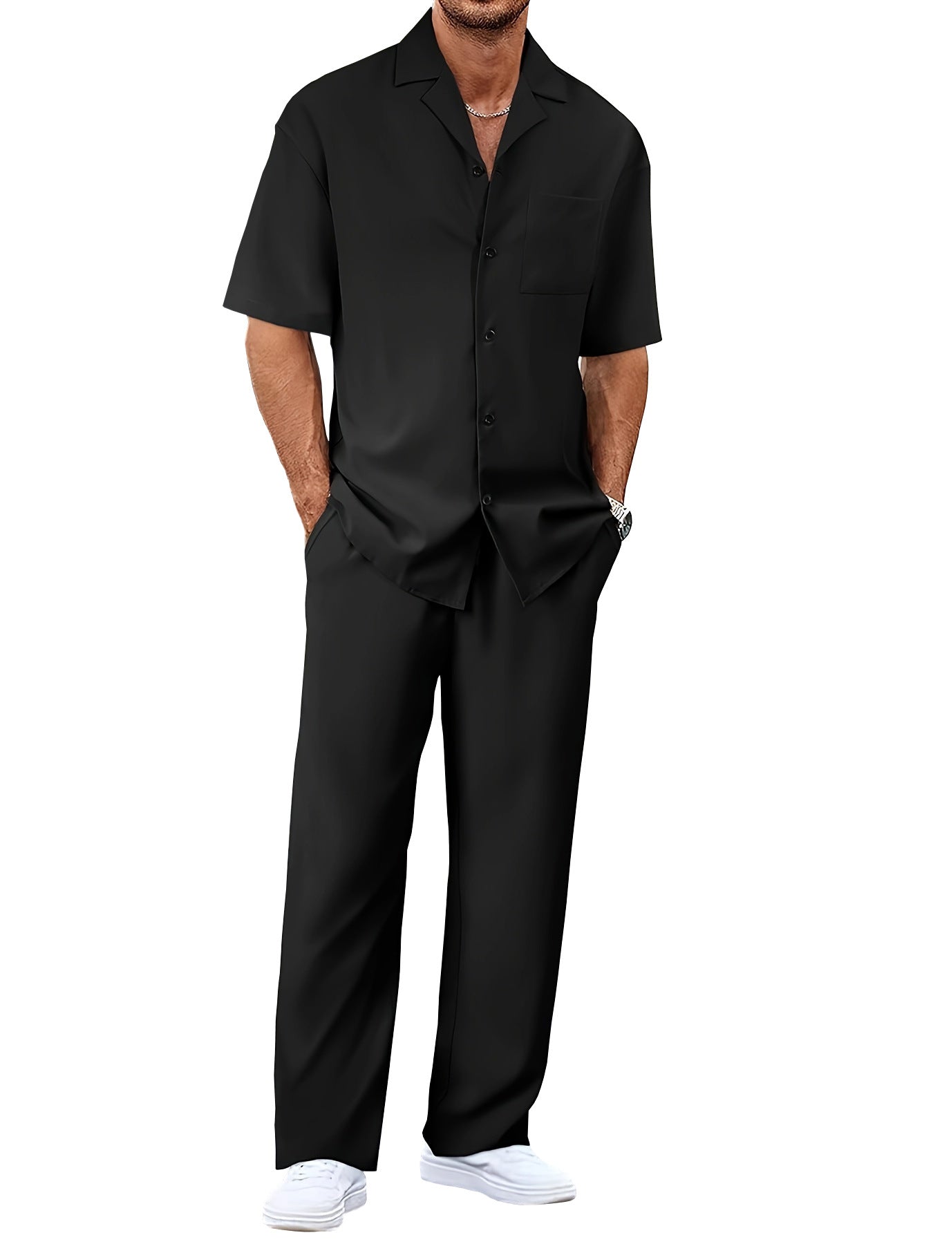 Men's Trousers Suit Fashion Lapel Button Short Sleeve Shirt And Pocket Straight Pants Clothing What Else You Got?