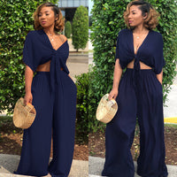 Women's Relaxed-Fit Deep-V Top & Wide-Leg Pants Set – Two-Piece Comfort Outfit