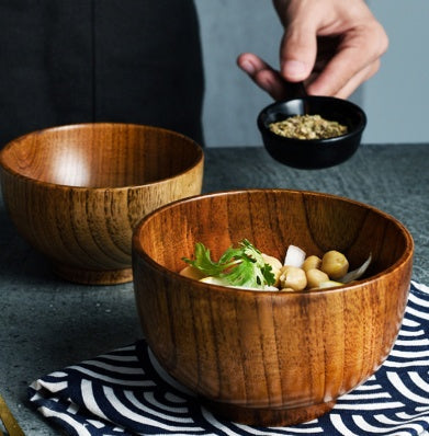 Handcrafted Jujube Wooden Rice & Soup Bowl - Eco-Friendly, Kid-Safe Japanese Style Dining Set (3 Sizes)