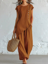 Elegant Women's Two-Piece Crewneck Button-Up & Wide-Leg Pants Set – Casual Chic Outfit