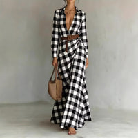 Elegant Women's Pleated Midi Dress with Belt – Slim-Fit Plaid Dress for Every Occasion