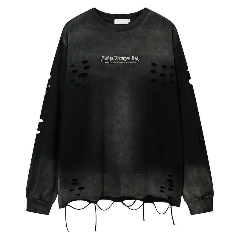 Vintage-Wash Letter Embroidery Streetwear Long-Sleeve Tee – Loose Fit, Pure Cotton What Else You Got?