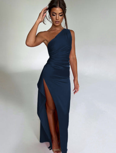 Sexy One-shoulder Backless Slit Dress Summer Elegant Slim-fit Solid Color Satin Dresses For Women What Else You Got?