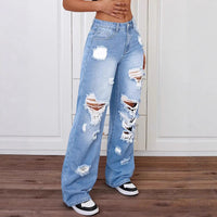 Stylish Washed Ripped Straight Jeans - High-Rise Denim for Women