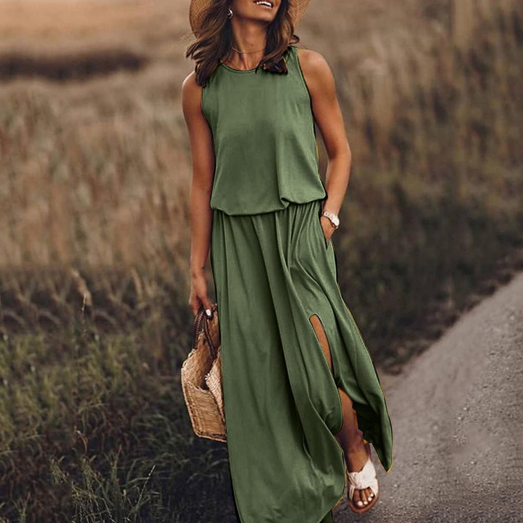 Women Summer Dresses Fashion Side Slit Long Dress With Pockets Vestidos Solid Casual O-Neck Sleeveless A-Line Sundress For Holiday What Else You Got?