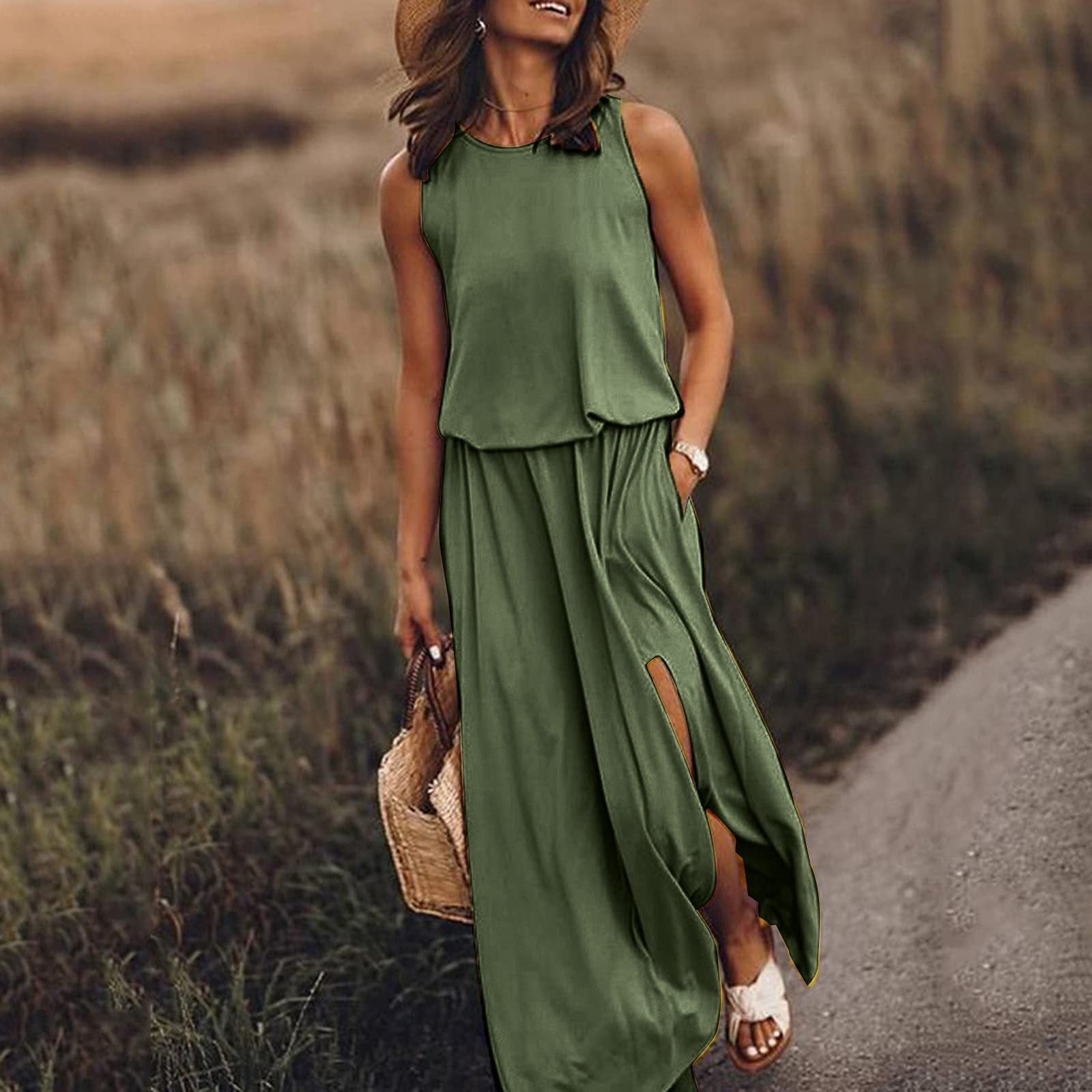 Women Summer Dresses Fashion Side Slit Long Dress With Pockets Vestidos Solid Casual O-Neck Sleeveless A-Line Sundress For Holiday What Else You Got?