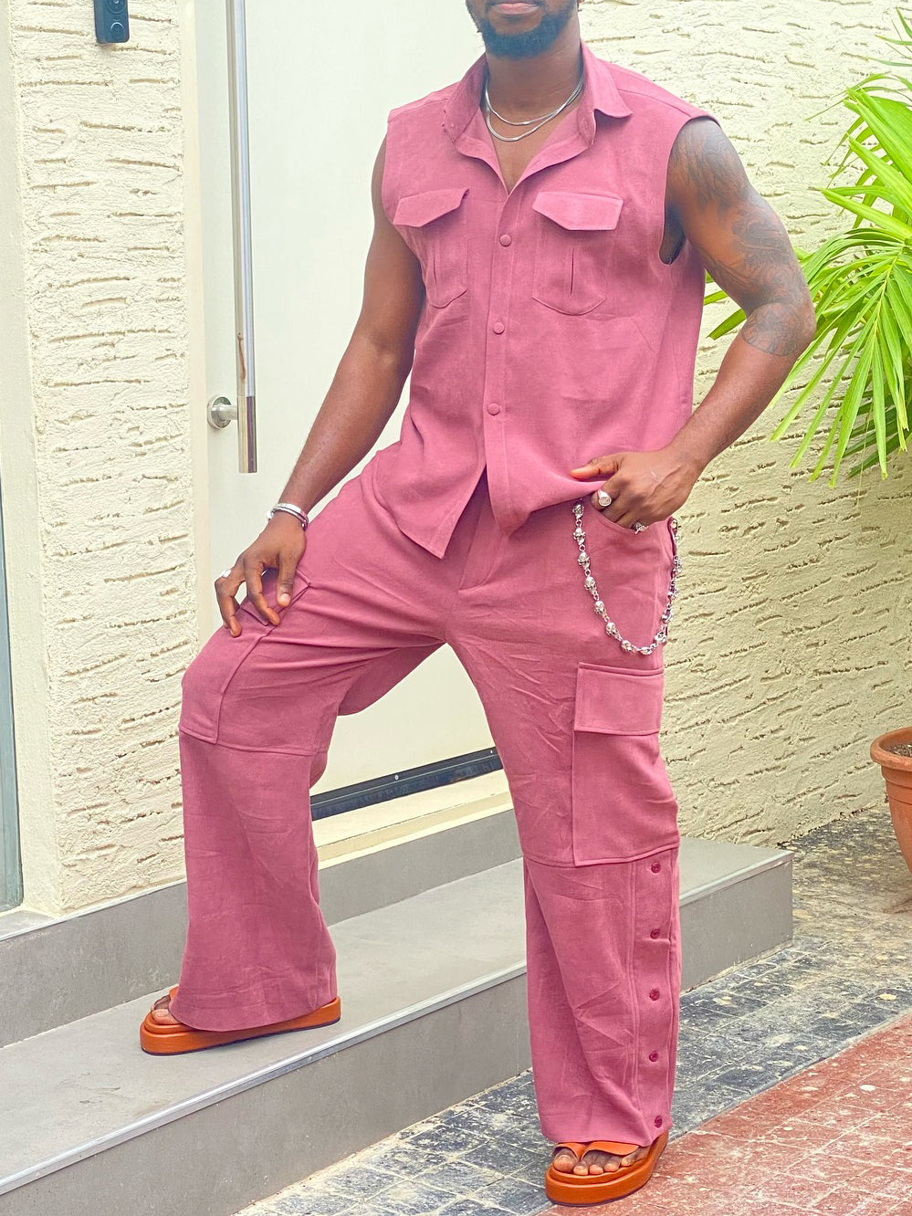 Women's Sleeveless Button-Up Shirt & Cargo Pants Set