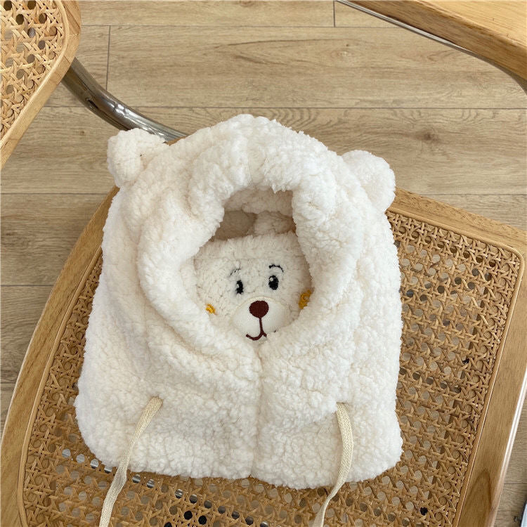 Cute Bear Plush Winter Hat with Thickened Scarf, Mask & Drawstring Design What Else You Got?