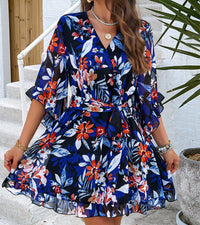 Elegant Floral Lace-Up Ruffle Dress – Summer Garden Party Outfit for Women