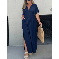 Elegant Bat-Sleeve Maxi Dress – V-Neck Slit with Elastic Waist for Summer | Summer Elegance