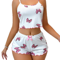 Elegant Bow-Print Ribbed Knit Lounge Set for Women – Soft & Feminine 2-Piece Set
