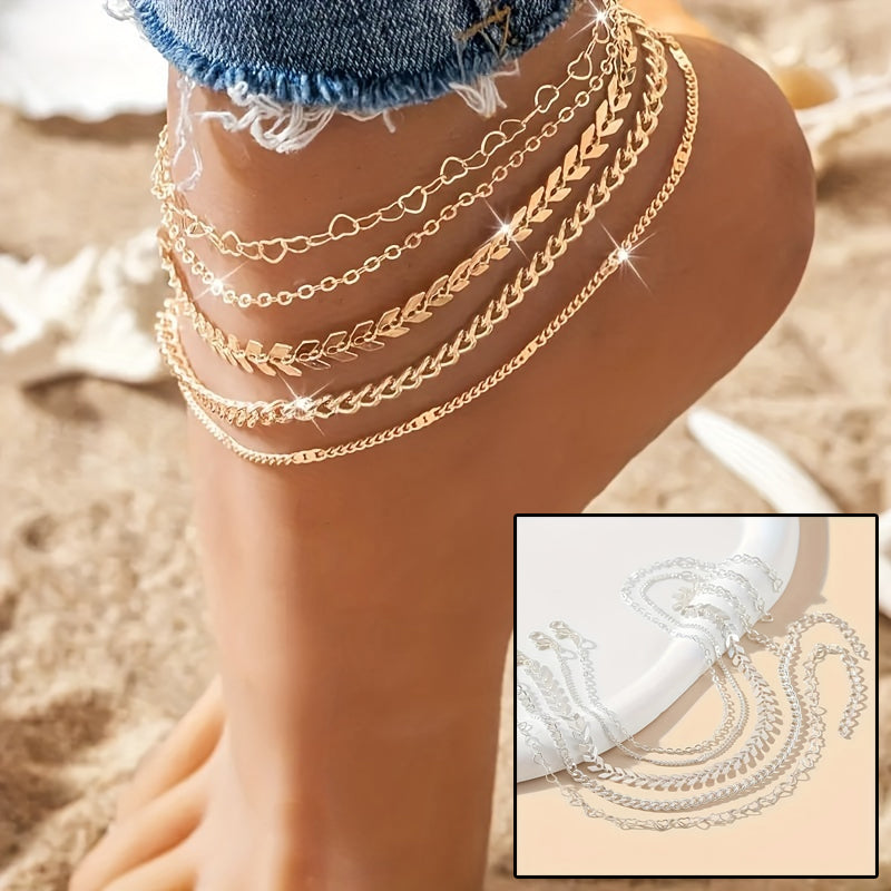 5Pcs Bohemian Heart Chain Anklets - Summer Beach Jewelry for Women - Stylish & Comfortable Ankle Chain Set