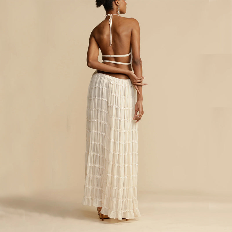 2pcs Women's Dress Suit Sexy Sleeveless Backless Cropped Halter Top And Pleated Long Skirt Beach Clothing What Else You Got?