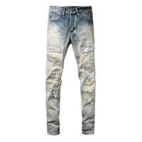 Street Trend Men's Distressed Hole & Patch Diamond Denim Jeans - Slim Fit Casual Wear