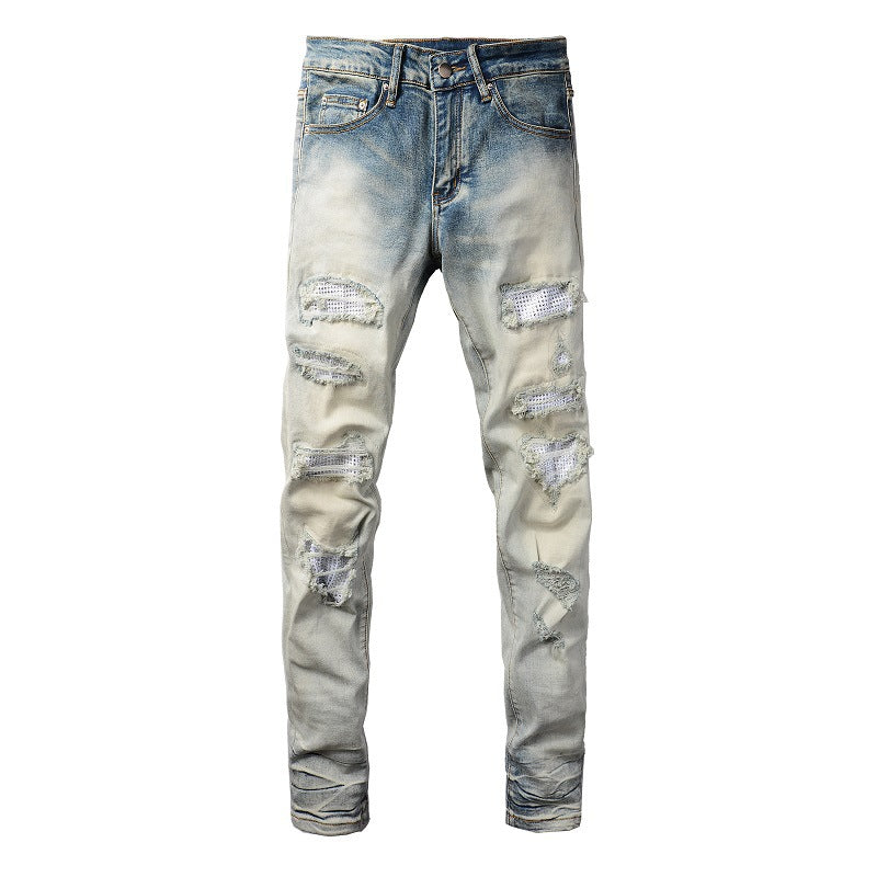 Street Trend Slim‑Fit Jeans – Distressed Hole & Patch Diamond Detail Denim for Men What Else You Got?